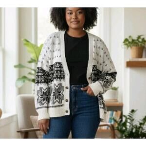 LANE BRYANT WOMENS CARDIGAN SWEATER FAIR ISLE BEIGE WESTERN BOHO PLUS 22 24 2XL